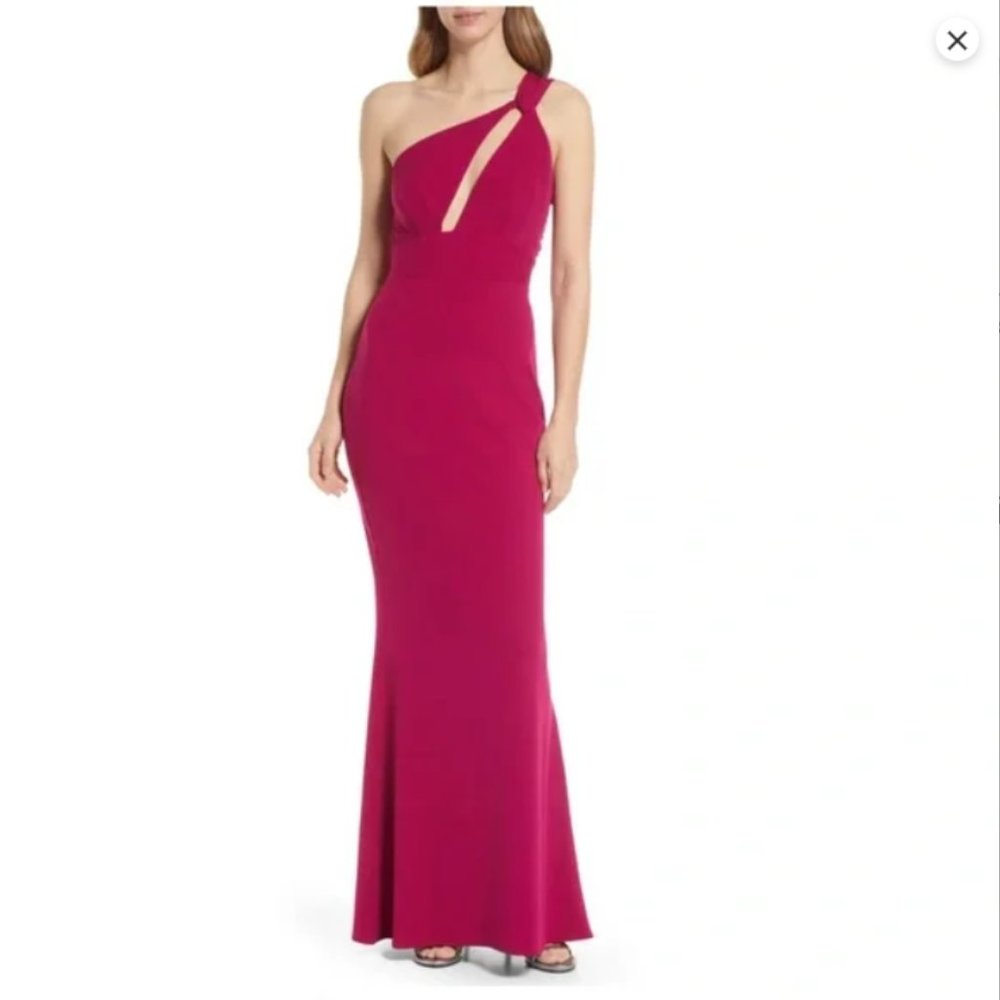 KATIE MAY Edgy Asymmetrical One-Shoulder Gown in Magenta Size Medium
